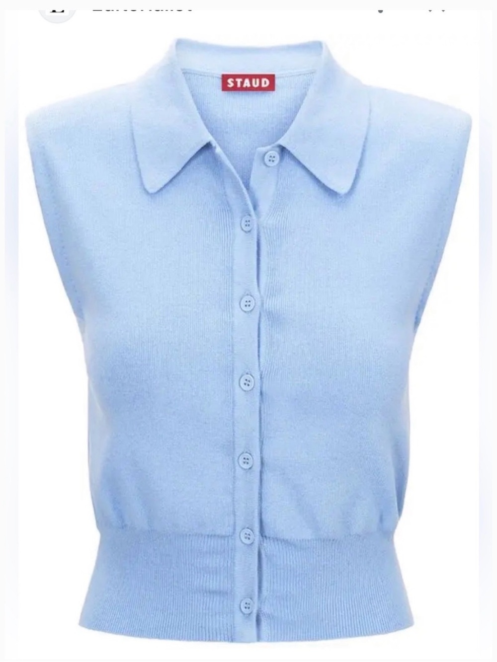 STAUD Nola Light Blue Sleeveless Collared Button-Front Crop Top - Picture 3 of 5